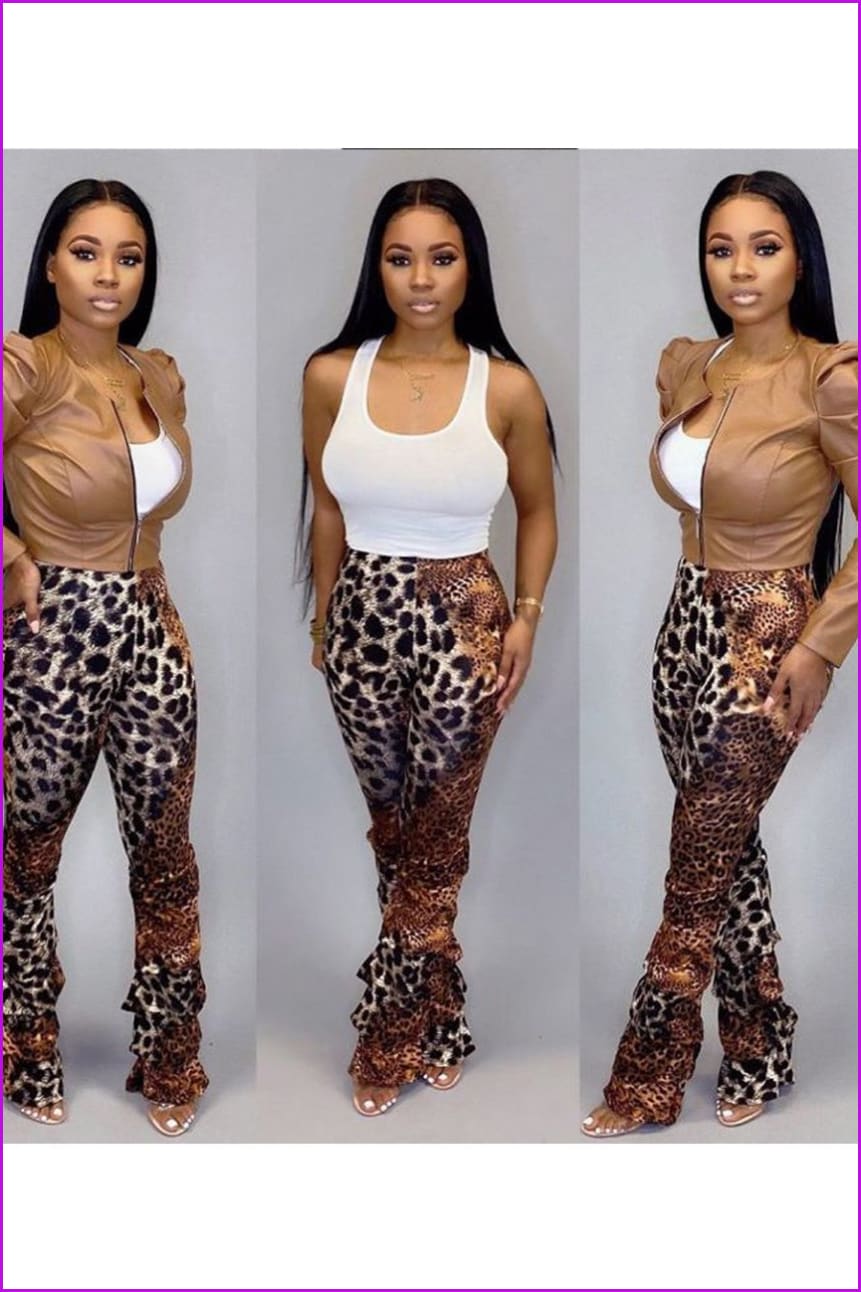 Contrast Color Leopard Print Ruched High Waisted Pants F837 - Furdela