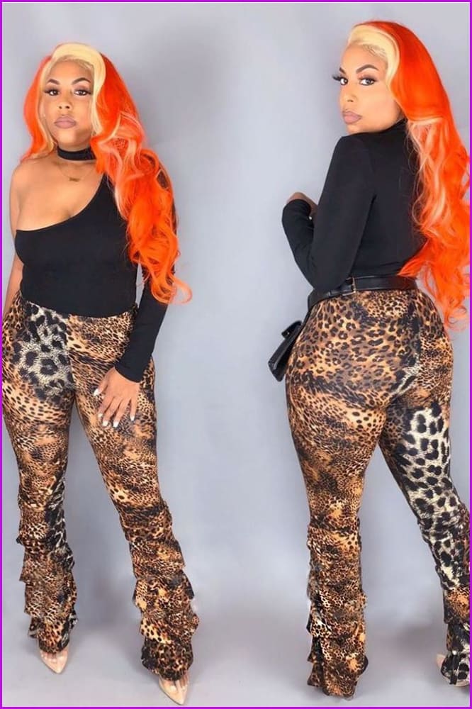 Contrast Color Leopard Print Ruched High Waisted Pants F837 - Furdela