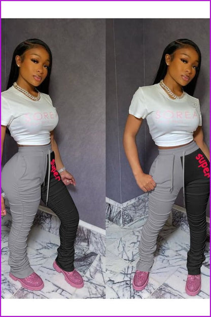 Contrast Color Letter Embroidery Ruched Casual Stacked Sweatpants F880 - Furdela