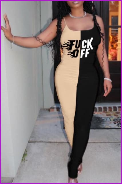 Contrast Color Letter Print Sleeveless Strap Jumpsuit F807 - Furdela