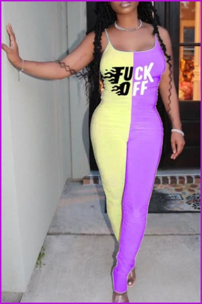 Contrast Color Letter Print Sleeveless Strap Jumpsuit F807 - Furdela
