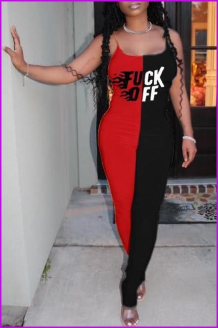Contrast Color Letter Print Sleeveless Strap Jumpsuit F807 - Furdela