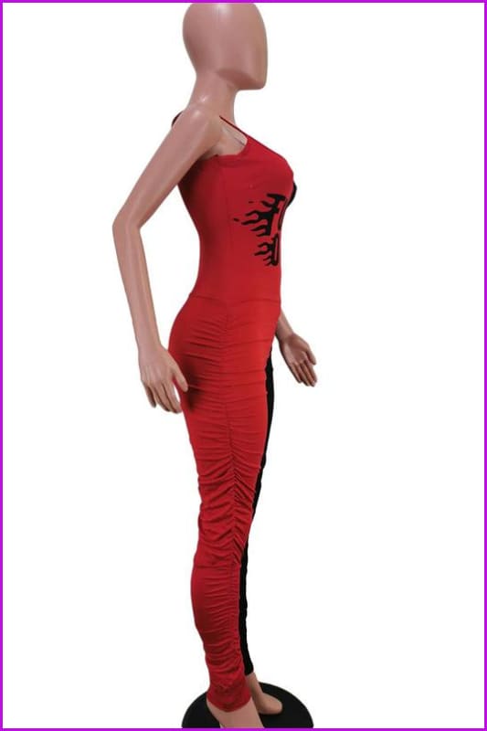 Contrast Color Letter Print Sleeveless Strap Jumpsuit F807 - Furdela