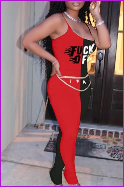 Contrast Color Letter Print Sleeveless Strap Jumpsuit F807 - Furdela