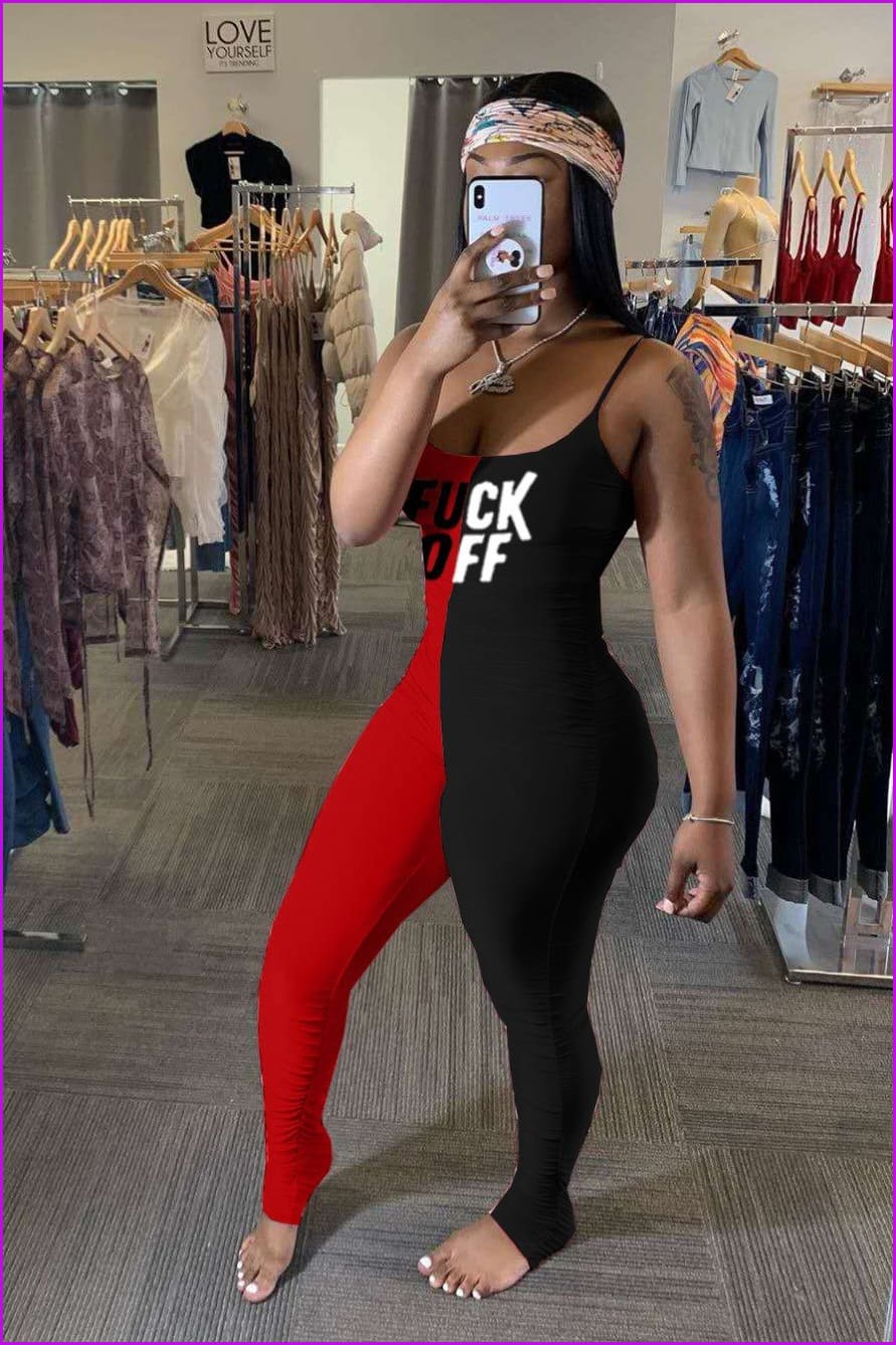 Contrast Color Letter Print Sleeveless Strap Jumpsuit F807 - Furdela