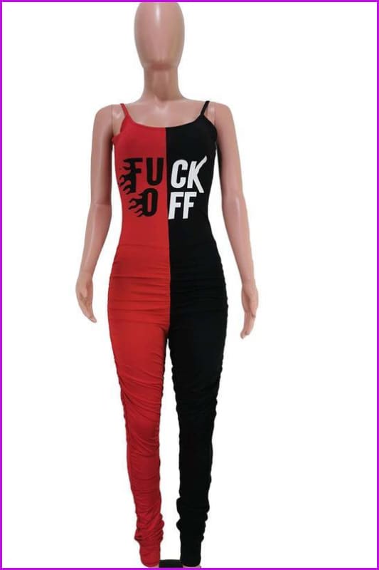 Contrast Color Letter Print Sleeveless Strap Jumpsuit F807 - Furdela
