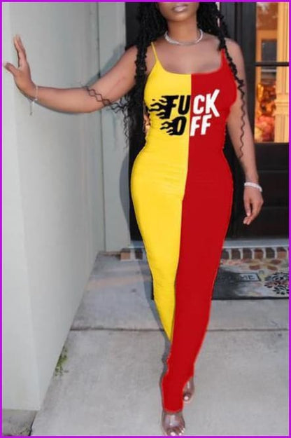 Contrast Color Letter Print Sleeveless Strap Jumpsuit F807 - Furdela