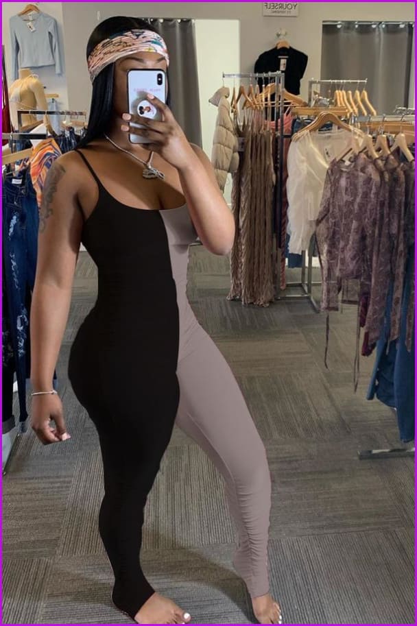 Contrast Color Spaghetti Straps Pleated Leg Skinny JumpsuitDE964 - Furdela
