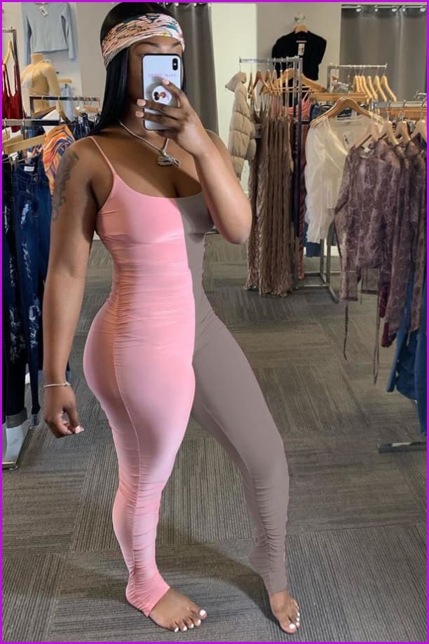 Contrast Color Spaghetti Straps Pleated Leg Skinny JumpsuitDE964 - Furdela