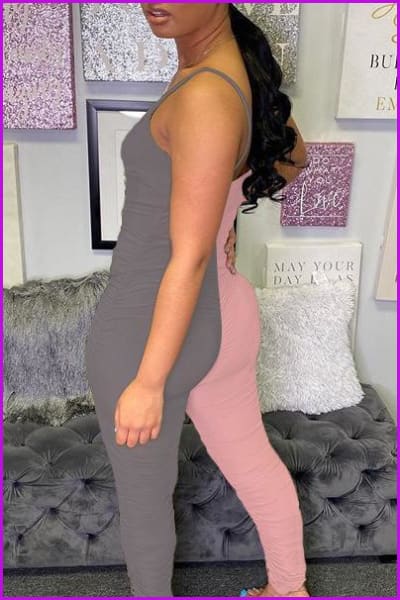 Contrast Color Spaghetti Straps Pleated Leg Skinny JumpsuitDE964 - Furdela