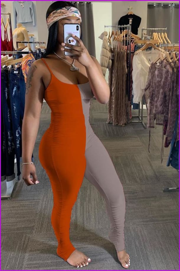 Contrast Color Spaghetti Straps Pleated Leg Skinny JumpsuitDE964 - Furdela