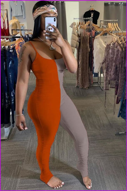Contrast Color Spaghetti Straps Pleated Leg Skinny JumpsuitDE964 - Furdela