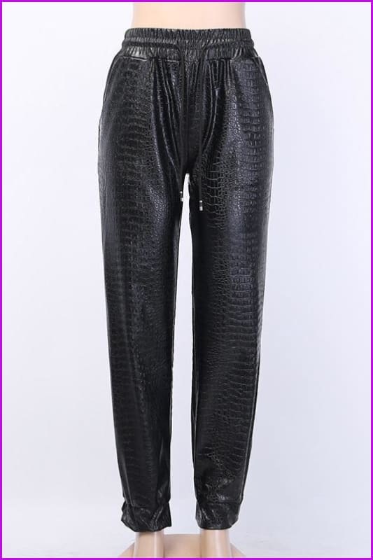 Crocodile Embossed Black Leather Jogger Pants DE979 - Furdela