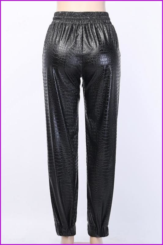 Crocodile Embossed Black Leather Jogger Pants DE979 - Furdela