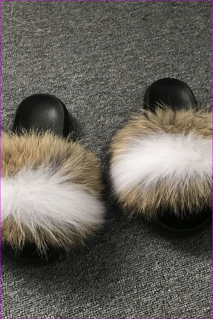 Customized Color Raccoon With Fox Fur Super Fluffy Sliders F005 - Furdela Wholesale