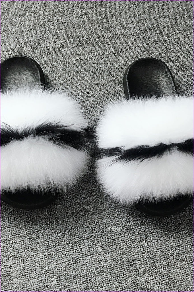Customized Color White Mixed Black Super Fluffy Fox Fur Sliders DF035 - Furdela Wholesale