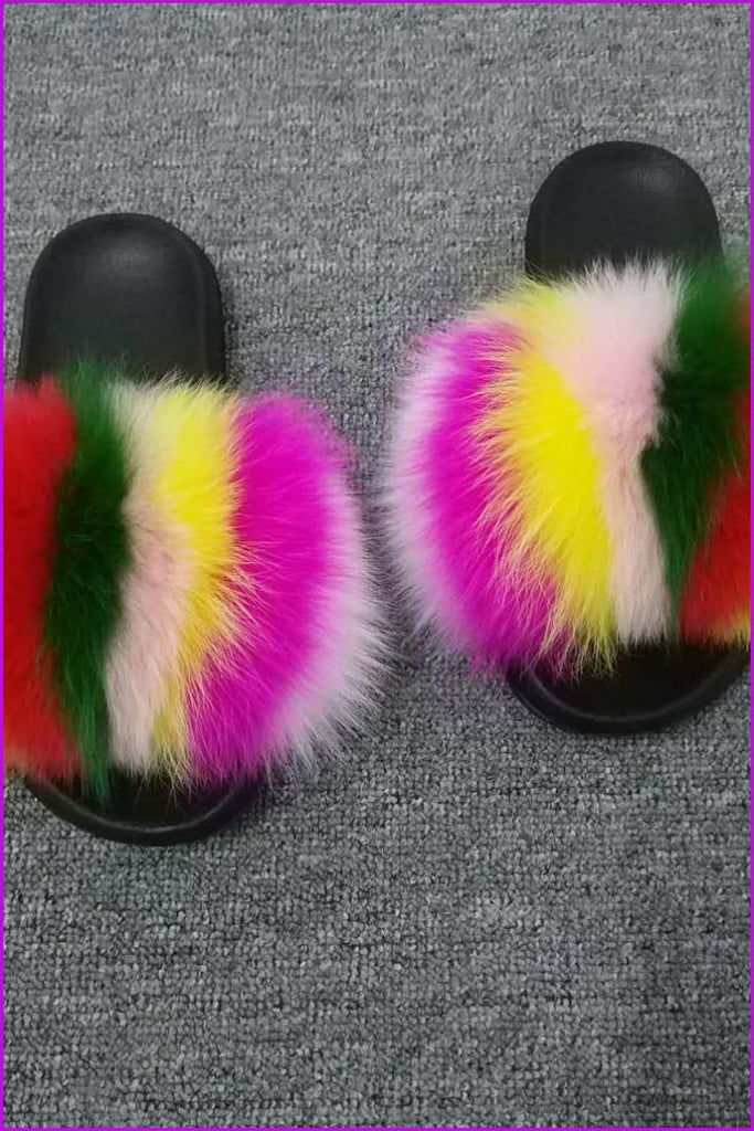Customized Rainbow Color Super Fluffy Fox Fur Sliders DF035 - Furdela