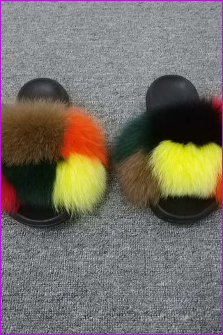 Customized Super Fluffy Colorful Mixed Fox Fur Sliders DF035 - Furdela