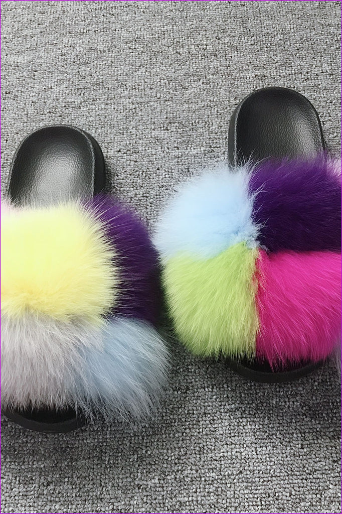 Customized Super Fluffy Colorful Mixed Fox Fur Sliders DF035 - Furdela