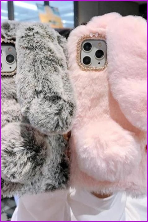 Cute Long Rabbit Ears Furry Fluffy Fur Cover Phone Case DE287 - Furdela