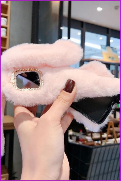 Cute Long Rabbit Ears Furry Fluffy Fur Cover Phone Case DE287 - Furdela