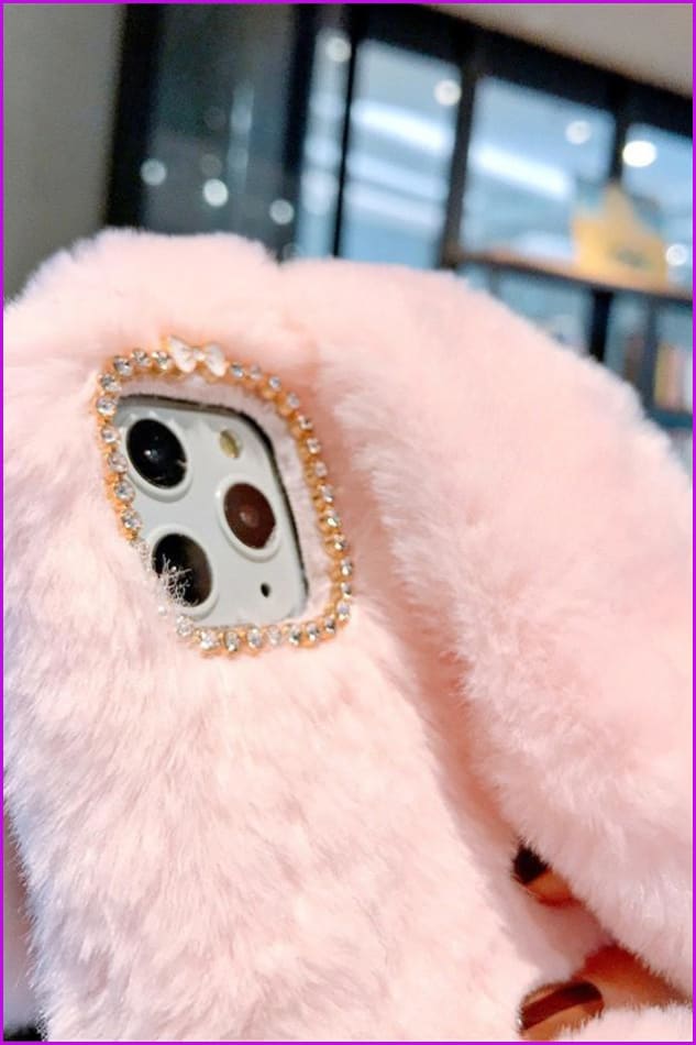 Cute Long Rabbit Ears Furry Fluffy Fur Cover Phone Case DE287 - Furdela