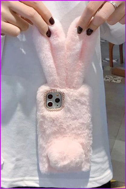 Cute Long Rabbit Ears Furry Fluffy Fur Cover Phone Case DE287 - Furdela