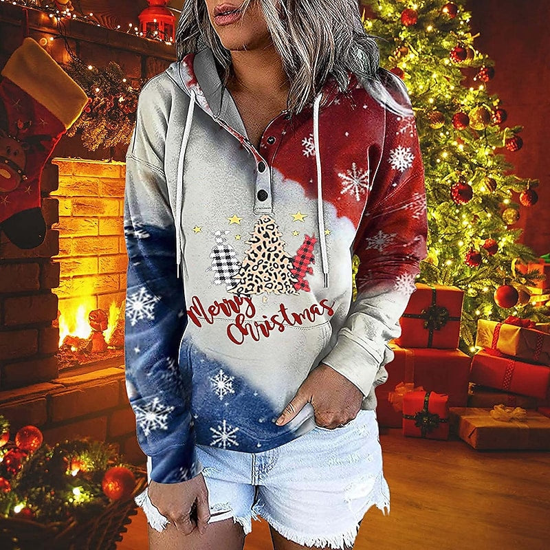 Women's Hoodie Sweatshirt Pullover Streetwear Christmas Front Pocket Print Green White Light Green Elk Christmas Tree Text Christmas Gifts Hooded Long Sleeve Cotton S M L XL XXL / 3D Print PC89