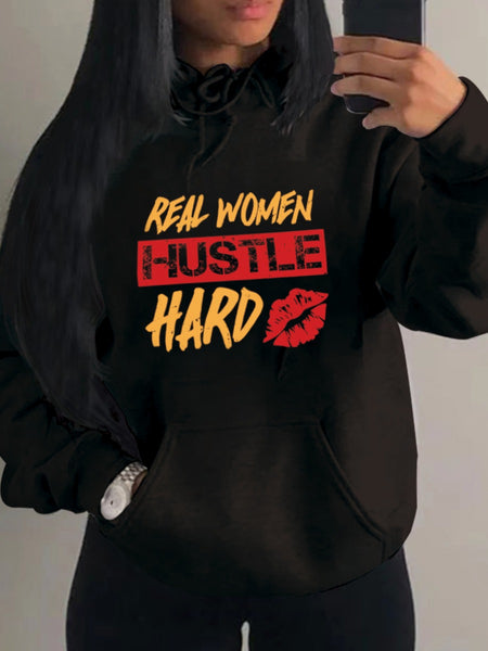 Plus Size Hustle Hard Lip Letter Print Kangaroo Pocket Tracksuit Set AR5015
