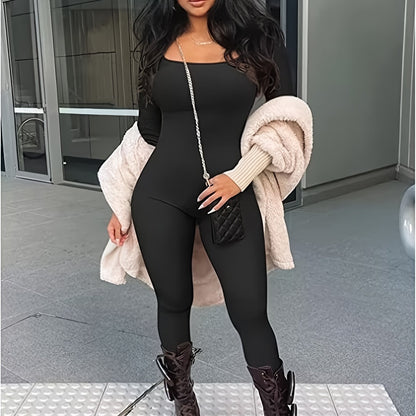 Squared Neck Workout Jumpsuit, Sexy Solid Long Sleeve Bodycon Long Length Jumpsuit, Women's Clothing AZ1003