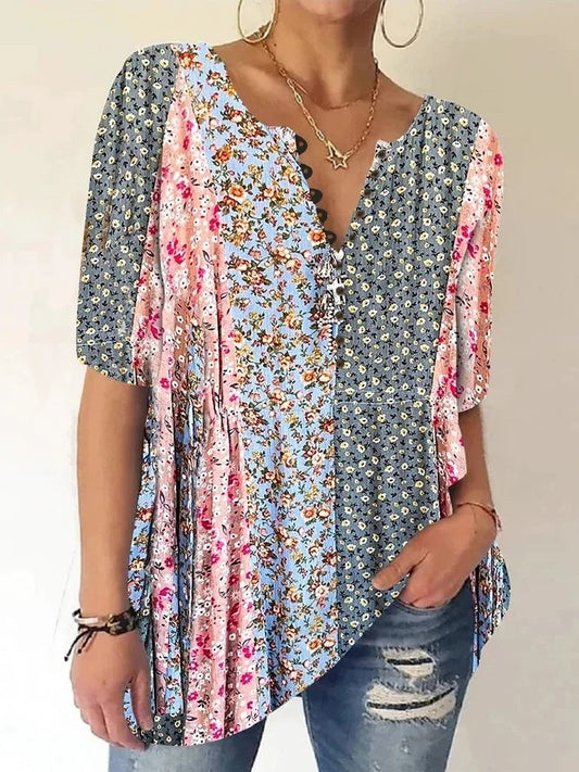 Women's Loose Floral V Neck Casual Shirt ap50