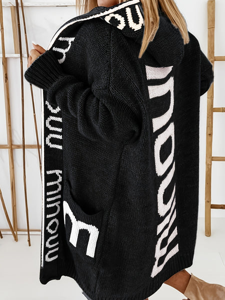 Letter Print Waterfall Collar Knit Cardigan ET8214 Furdela