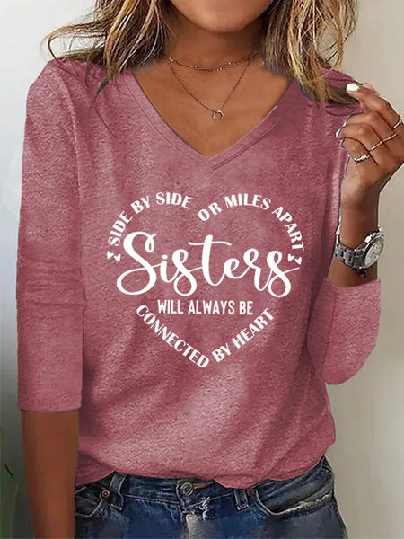 Women Sister Text Letters Regular Fit Casual V Neck T-Shirt MMy26