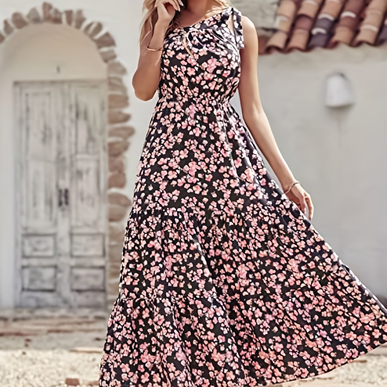 Floral Print One Shoulder Dress, Boho Casual Asymmetrical Neck Sleeveless Dress, Women's Clothing AZ10030