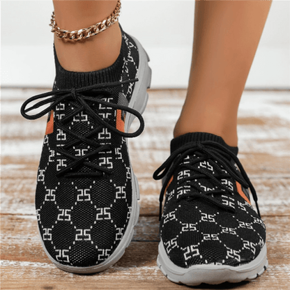 Women's Printed Low Top Sports Shoes, Knit Breathable Lace Up Running Tennis Sneakers, Casual Walking Shoes SE1017