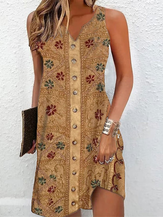 Loose Ethnic Vintage V Neck Dress  QM62