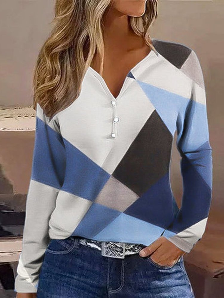 Casual Crew Neck Color Block Loose T-Shirt  QZ62