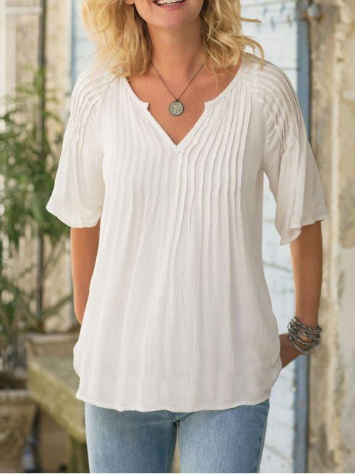 Casual Plain V Neck Loose Top QMN8