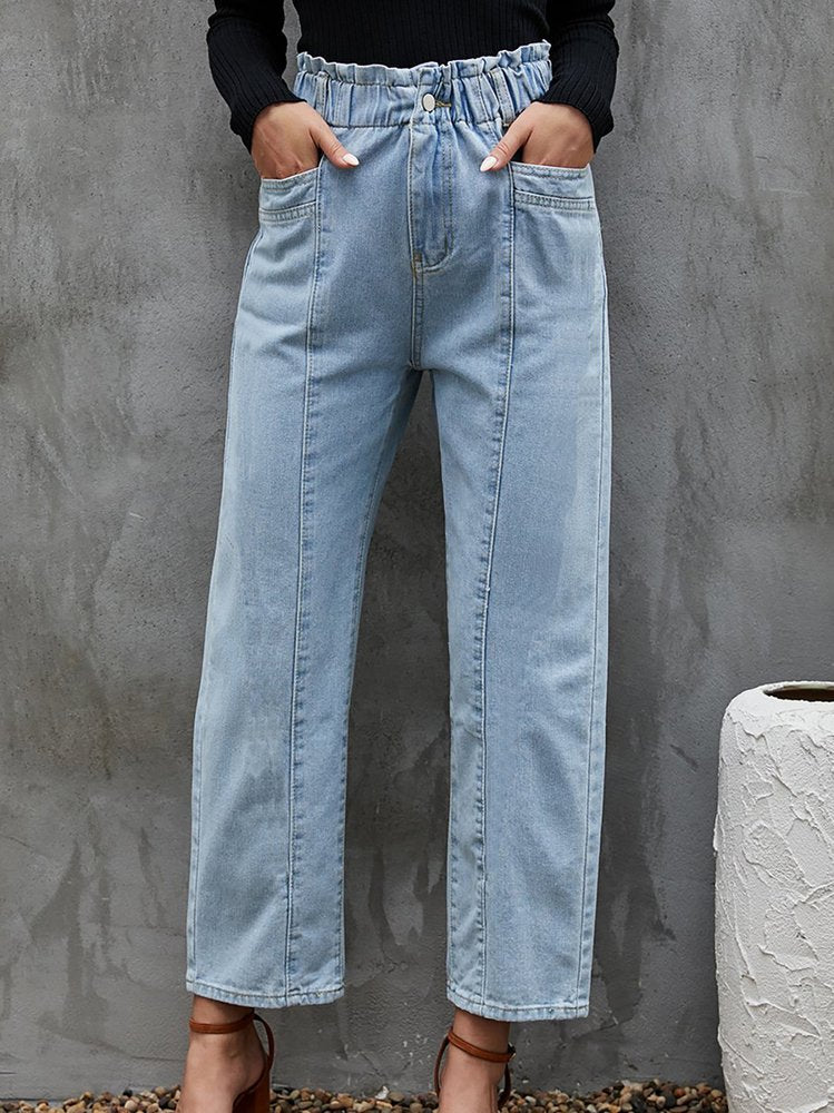 Blue Solid Casual Elastic Waist Straight Leg Jeans  QS61