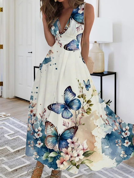 Elegant Butterfly Positioning Print High Elastic Sleeveless Dress AH420