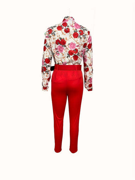 Floral Print V Neck Long Sleeve Blouse & Solid Belted Tapered Pants TD0870 Furdela