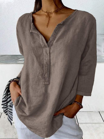 Women&#x27;s V-neck 3/4 sleeves Plain Linen Shirt  WG84