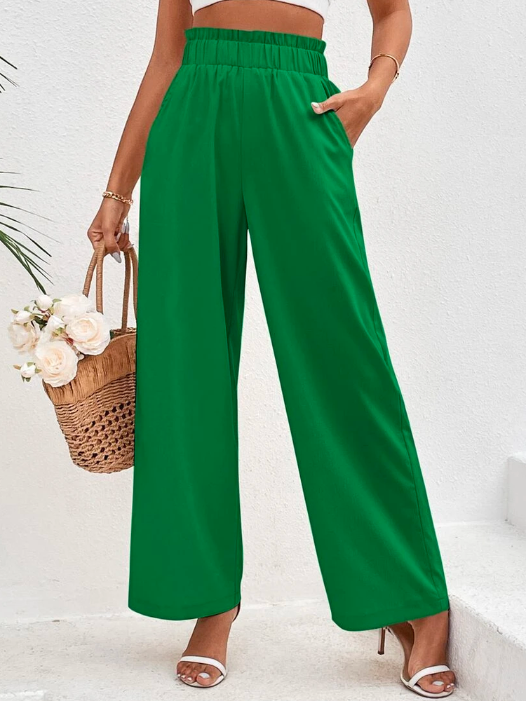 Cotton Casual Plain Paperbag Waist Wide Leg Pants  WX96