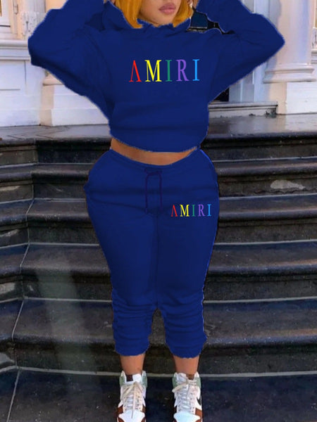 Plus Size Letter Print Kangaroo Pocket Tracksuit Set AT9055