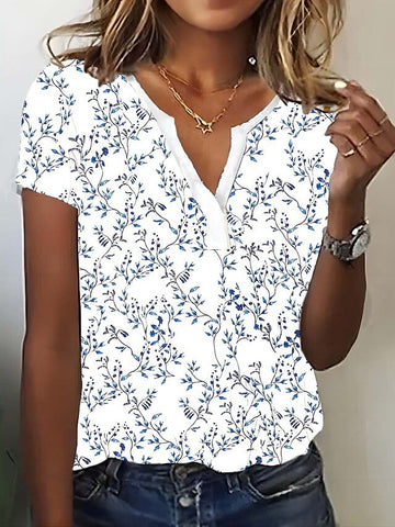V Neck Loose Floral Casual T-Shirt  cc199