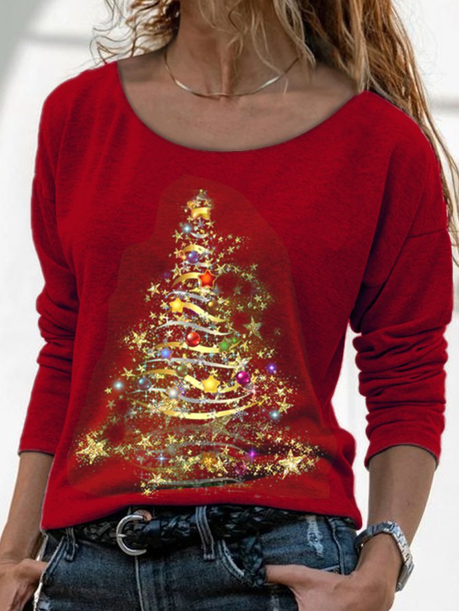 JFN Women Crew Neck Casual Shining Christmas Tree Top PJ13 - Furdela