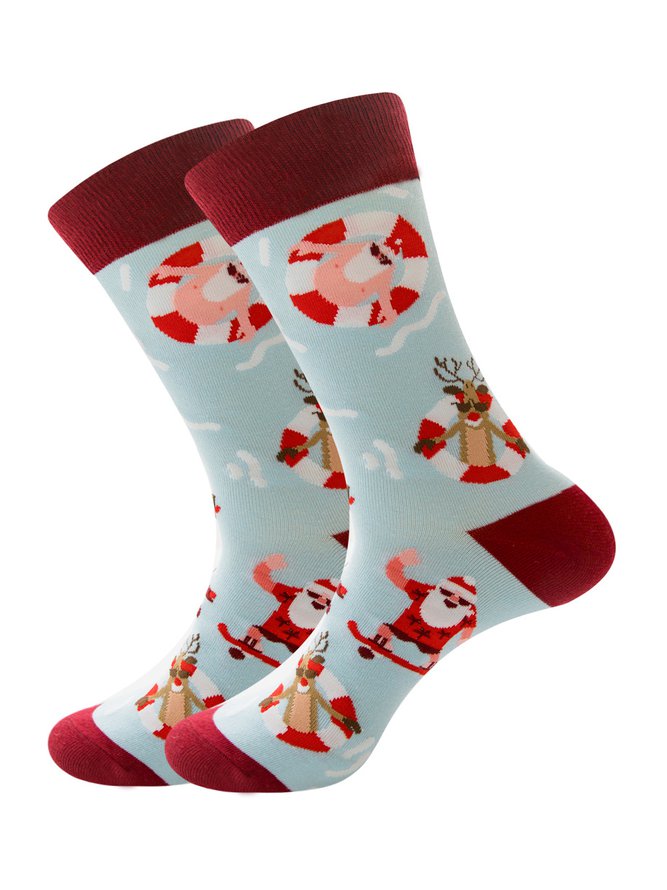 Christmas Cotton Jacquard Santa, Elk, Snowflake Pattern Socks, Festive Matching Red Socks PJ8 - Furdela