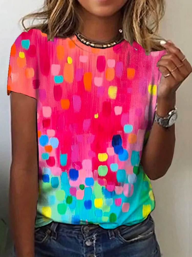 Crew Neck Casual Ombre Loose Rainbow Dot Short Sleeve T-Shirt  cc193