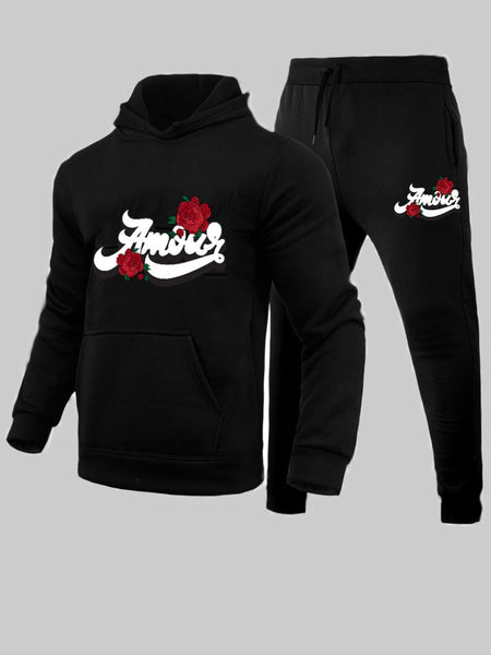 Men Rose Flower Letter Print Kangaroo Pocket Tracksuit Set AR50102