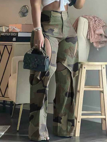 Camo Print Cut Out Loose Cargo Pants BO5016 Furdela